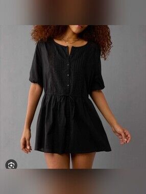Nwt American Eagle Outfitters Black Cotton Boho Tie Waist Mini Dress Size Medium